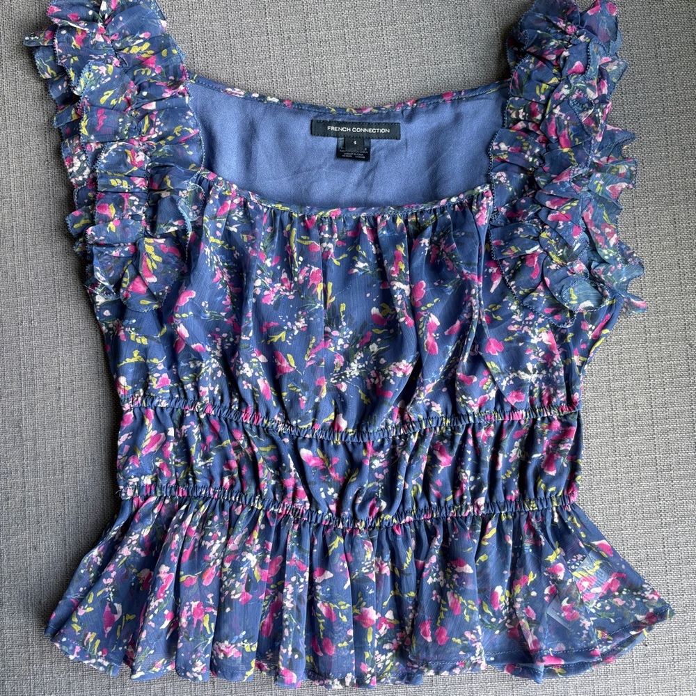 French Connection Gretha Blue Floral Ruffle Top - Picture 3 of 7